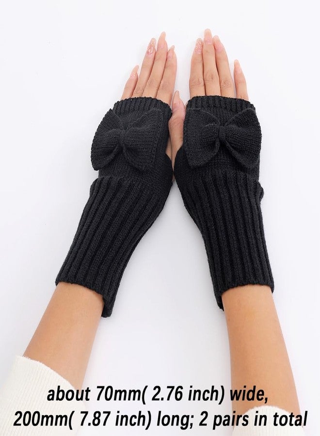 CABODYALS 2 Pairs Black Thumb Hole Gloves Winter Soft Bowknot Arm Warmers Sleeves Knitted Crochet Fingerless Knit Hand Wrist Mittens Bulk for Women Painting Texting Driving Keyboard Cycling Supplies - Image 2